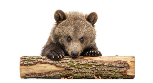 Adorable brown bear cub resting on a log, isolated on white background, looking cute photo
