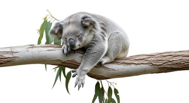 Koala sleeping on a tree branch isolated on white background photo