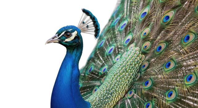 Closeup of a vibrant peacock displaying its iridescent plumage isolated on white background photo