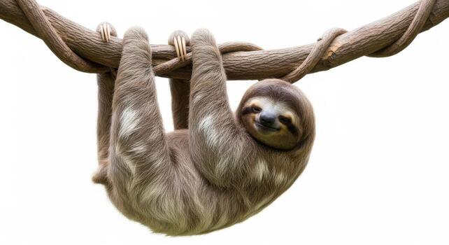 A cute sloth hanging upside down from a branch, isolated on white background, looking relaxed photo