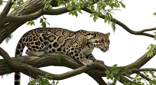 Clouded leopard perched on a tree branch in its natural habitat isolated on white background photo
