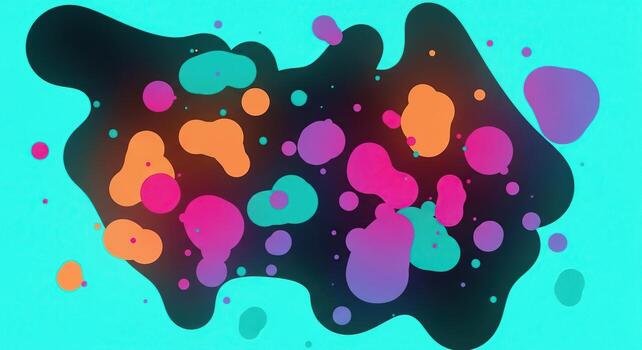 Abstract colorful blobs and dots on a teal background photo