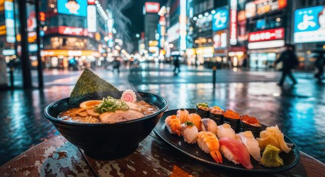 a bowl of ramen and sushi on a table in front of a busy street photo
