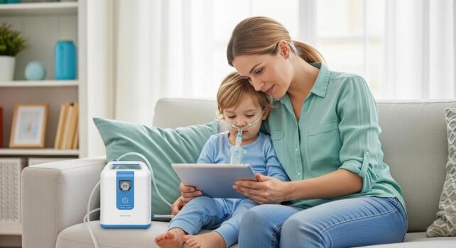 Mother and child using nebulizer while looking at tablet photo