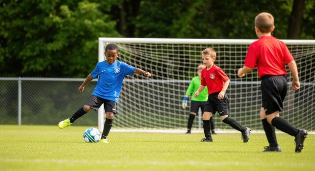 Young soccer players practicing on a field with a goal and net in the background photo