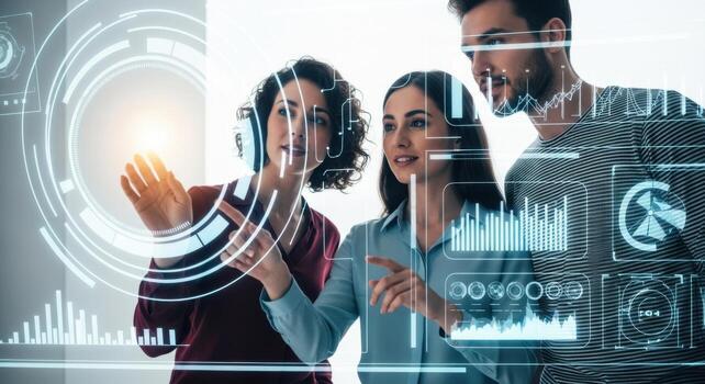 Team collaborating on futuristic holographic interface with data visualizations photo