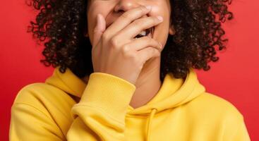 a woman with curly hair covering her mouth with her hand photo