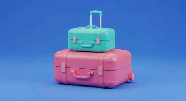 Two colorful suitcases stacked on a blue background photo