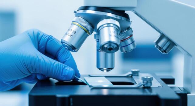 Closeup of a gloved hand adjusting a slide on a scientific microscope photo