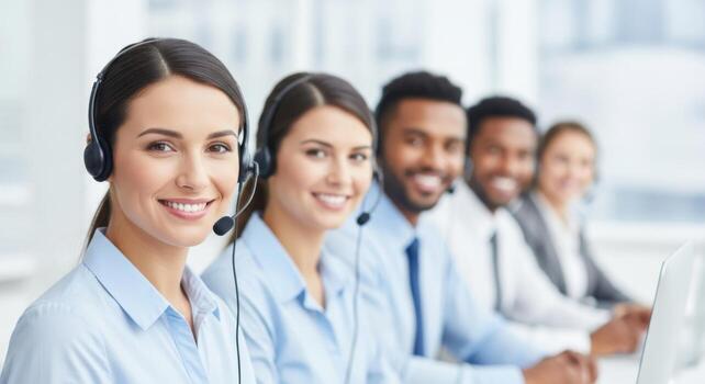 Smiling customer service team with headsets in an office setting photo
