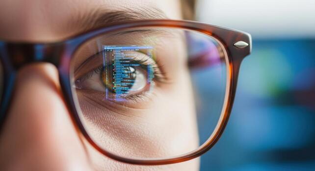 de cerca de un persona vistiendo lentes con código reflejado en su ojo foto