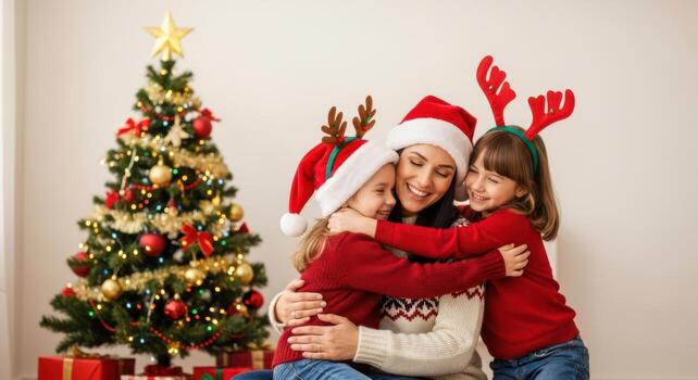 happy mother and two daughters hugging in front of christmas tree photo