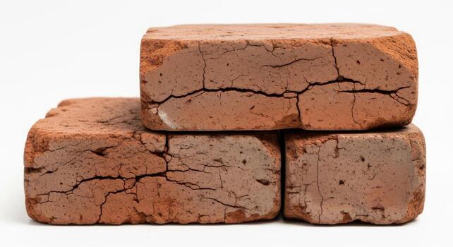 Three weathered red bricks stacked on a white background photo