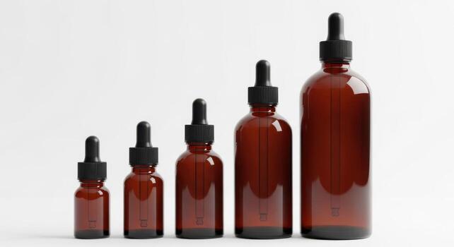 Five amber glass dropper bottles of various sizes isolated on white background photo