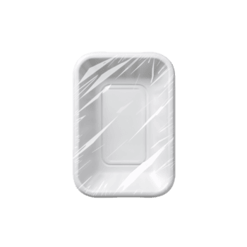 elevado Visão do a esvaziar branco poliestireno Comida recipiente selado com plástico filme isolado em png