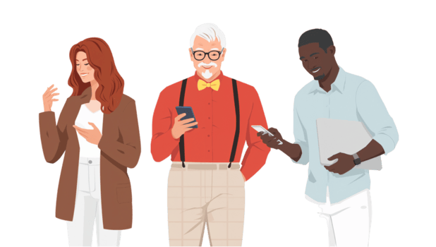 Diverse group using mobile devices displaying seamless technology connection across generations png