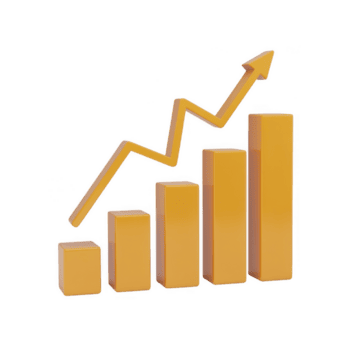 3d render of a yellow bar chart with an arrow pointing upwards isolated on transparent background, representing business growth and financial success png
