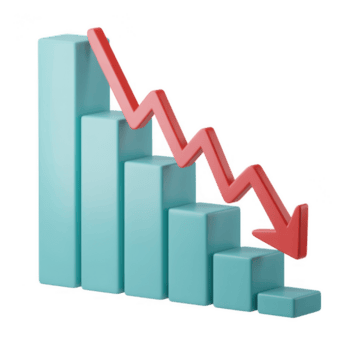 A 3d rendering of a graph with a red arrow pointing down, symbolizing financial decline and economic recession isolated on transparent background png