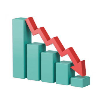 3d rendering of a bar graph with a red arrow pointing down, symbolizing a negative trend isolated on transparent background png