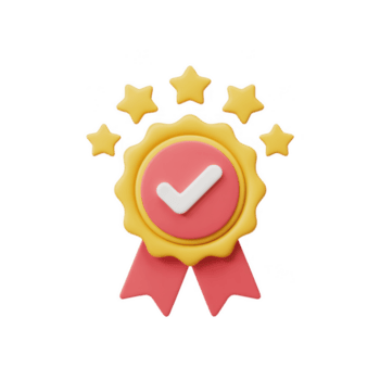 3d interpretazione di un' qualità garanzia distintivo con segno di spunta e stelle isolato su trasparente sfondo, che rappresentano eccellenza e convalida png