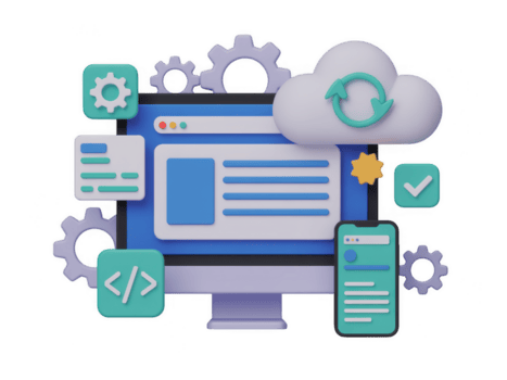 uma único 3d render do uma computador com nuvem, engrenagens, código, e de outros ícones isolado em transparente fundo, representando Programas desenvolvimento png