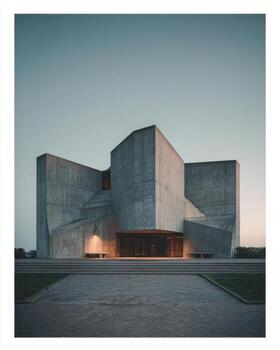 Exploration of minimal brutalist architecture at twilight in an urban setting photo