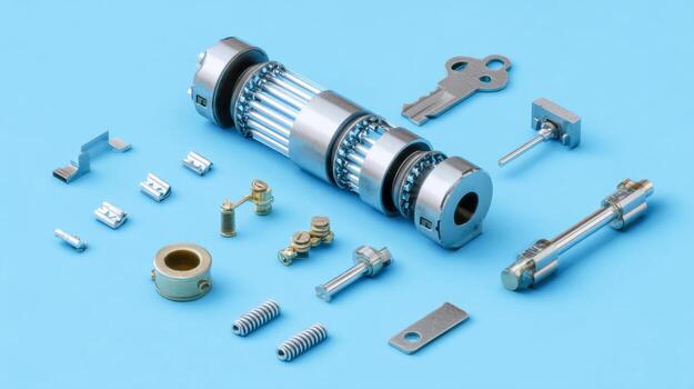 Exploded view concept of mechanical components on blue background showing intricate details photo