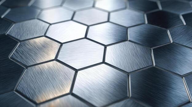 Close-up of shiny steel texture with repeating hexagonal pattern showing reflections and depth photo