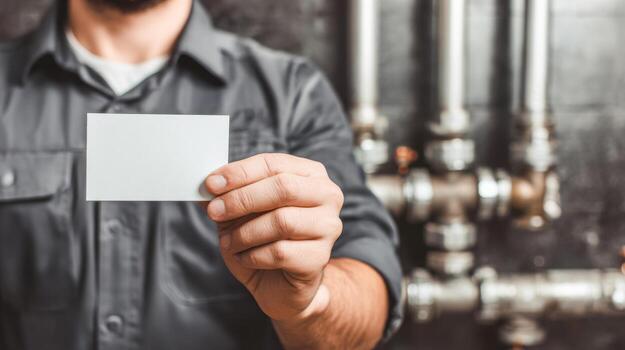 Professional plumber holding business card in workshop surrounded by pipes and tools photo