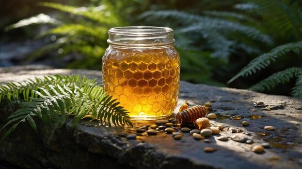 A jar of honey with a honeycomb pattern sits on a stone surface surrounded by greenery and seeds photo