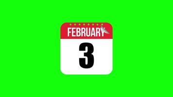 febrero calendario página giro animación en verde pantalla, febrero 1 a 28 calendario dar la vuelta animación video