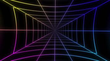 neon tunnel rutnät animation, retro trogen perspektiv bakgrund slinga video