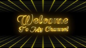 benvenuto per mio canale neon intro animazione, d'oro raggiante testo su retrò griglia sfondo video