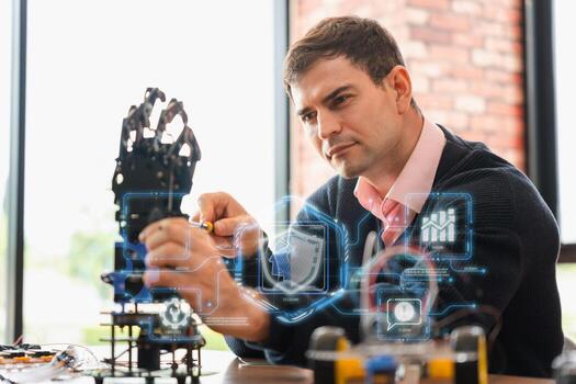 Engineer Working on a Robotic Arm with Digital Interface Overlay, Scientist Repairing a Robot with Augmented Reality, Man Using a Screwdriver to Build and Program a Mechanical Device photo