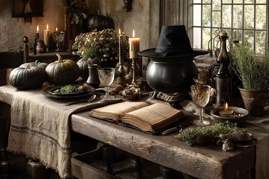Rustic Halloween Kitchen Interior with Pumpkins and Witch's Hat for Autumn Decor photo