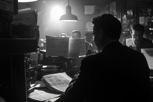 A man in a suit is sitting at a desk with papers photo