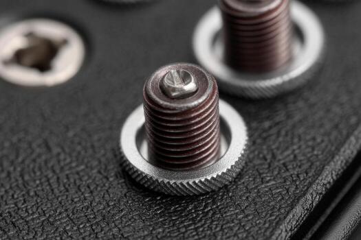 A close up of a screw and nut on a guitar photo