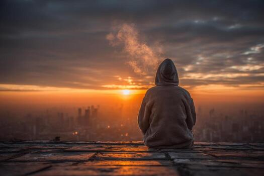 A person sitting on the edge of a building at sunset photo