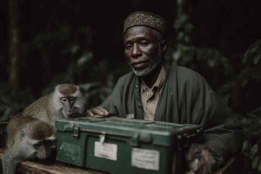A man with a green suitcase and two monkeys photo