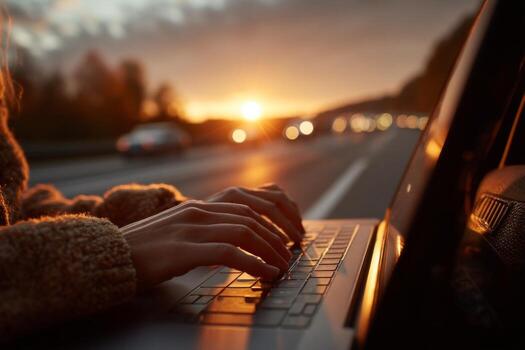 A person typing on a laptop computer at sunset photo