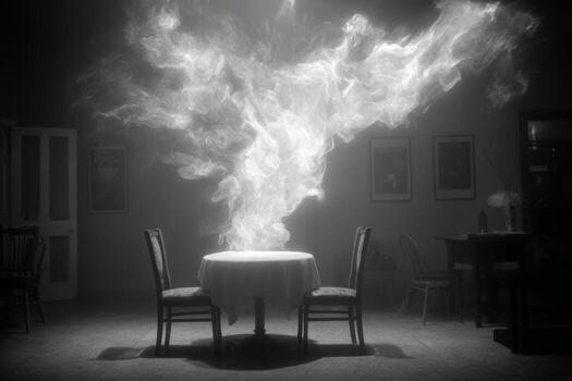 A table and chairs in a dark room with smoke coming out of it photo