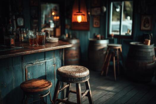 A bar with wooden stools and a lamp photo