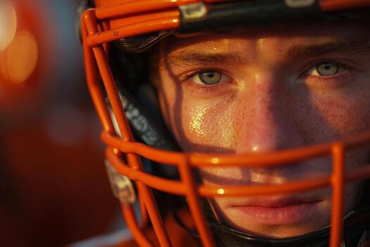 A close up of a football player with an orange helmet photo