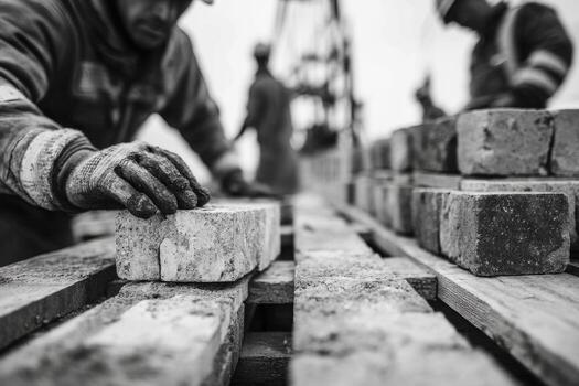 A black and white photo of workers working on bricks
