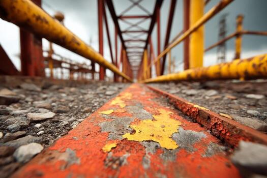 A rusty rail track with yellow paint on it photo