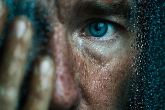 A man with blue eyes is looking through a rain covered window photo