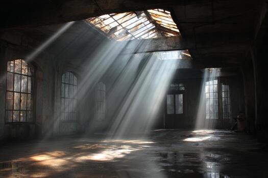 Sunlight beams through the windows of an abandoned building photo