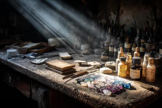A table with bottles and other items on it photo