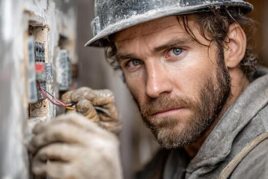 A man in a hard hat and helmet is working on a wall photo