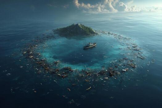 An island surrounded by garbage and debris photo